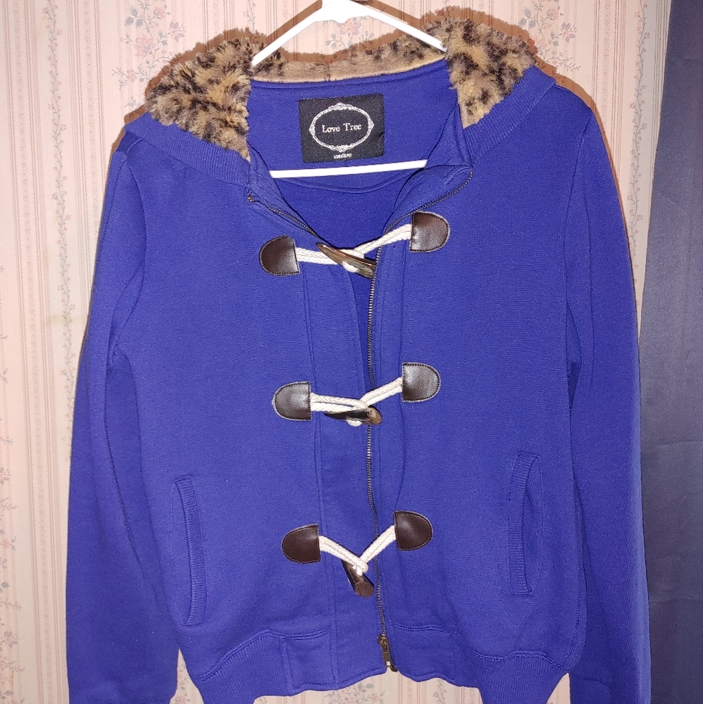 Love Tree Royal Blue Hooded Sweatshirt With Faux Fur Lining On Hood And Toggles